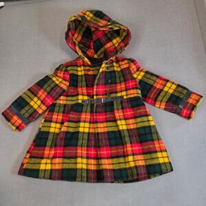 Vintage 60s 70s Girls Hooded Plaid Wool Blend Coat Belted Unbranded